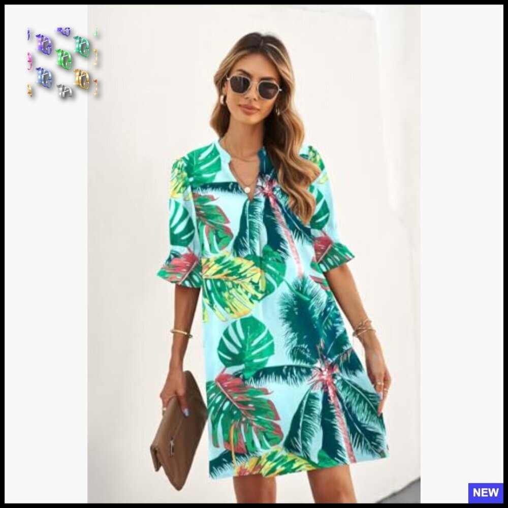 V-Neck Ruffle Shift Dress Casual Chic Summer Polyester Floral Print - Picture 3 of 7